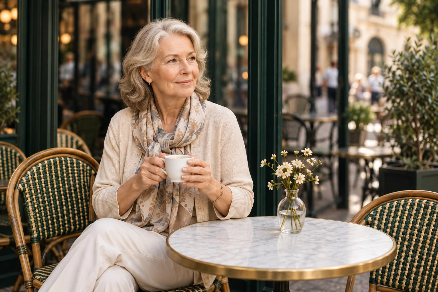 Une femme aux cheveux argentés savoure un café en terrasse à Paris
